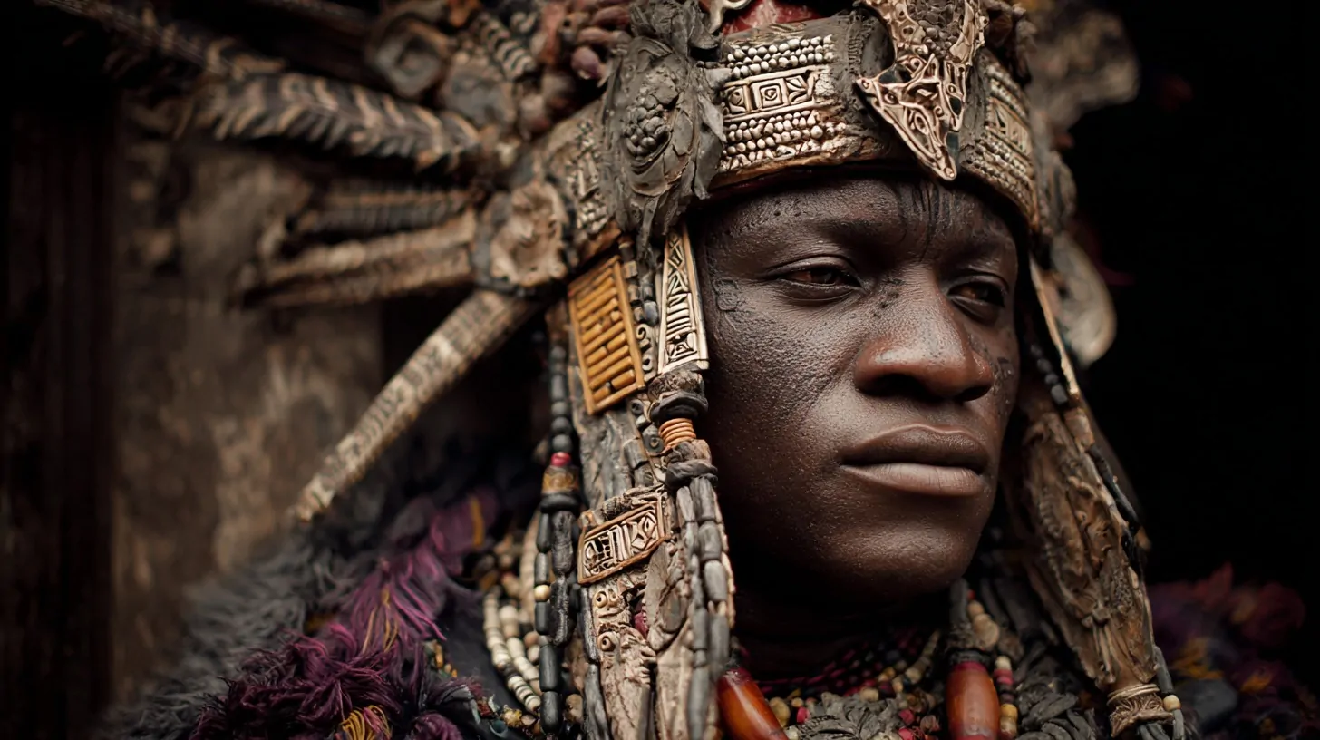 Close up of a man wearing an elaborate Yoruba headdress, layered bead necklaces, and detailed facial markings