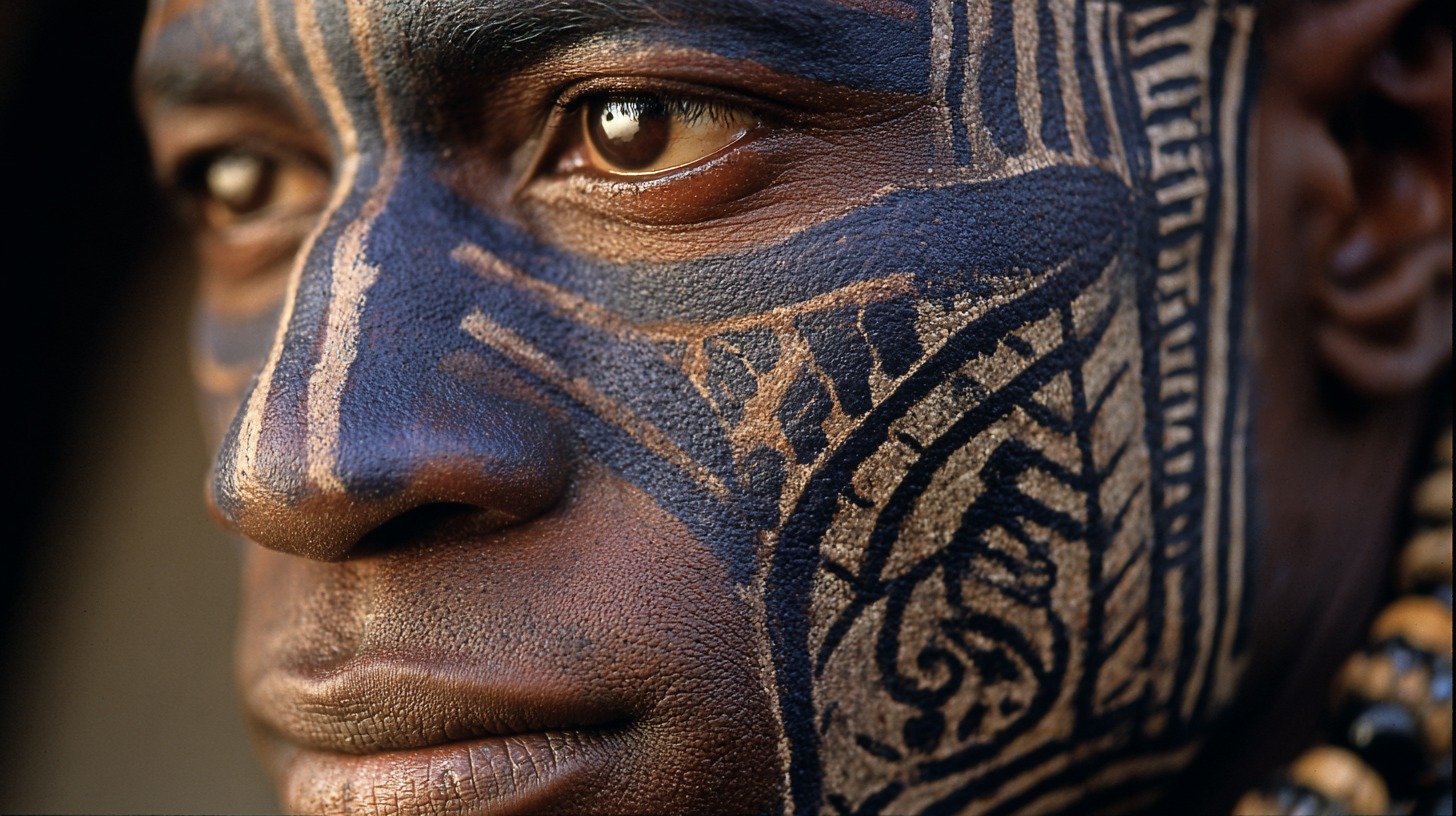 Extreme close up of a personโs face painted with detailed geometric and symbolic patterns in dark blue and earth tones
