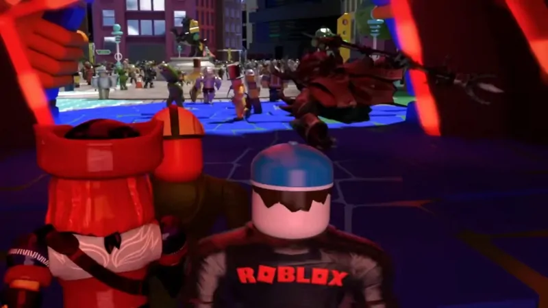 Roblox avatars run through a colorful city map during an online multiplayer session