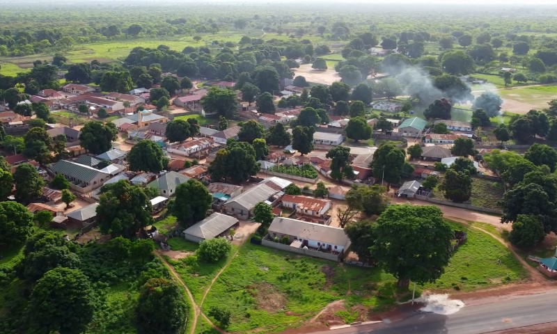 Aerial view of a lush, green rural village with scattered houses and large trees