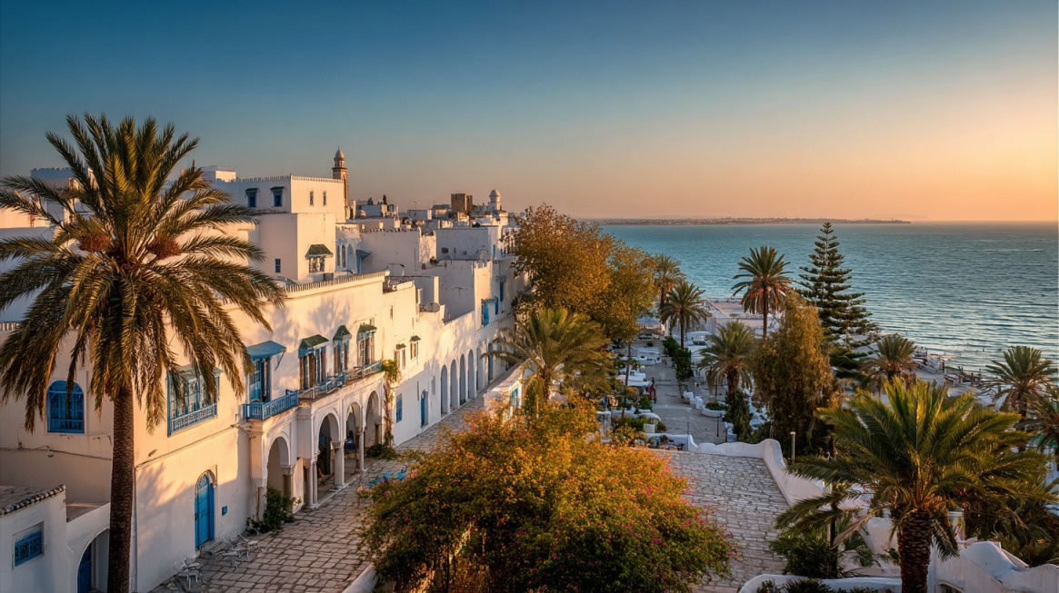 Whitewashed buildings with blue accents and palm trees overlooking the Mediterranean coastline at sunset in Tunisia