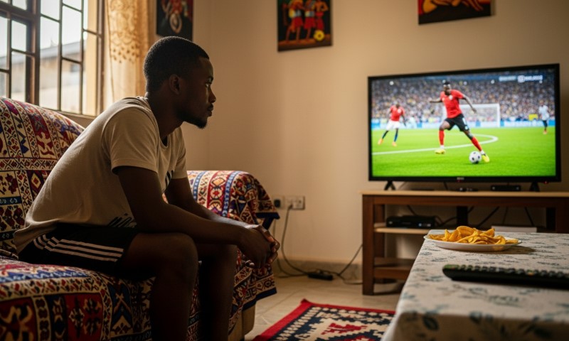 Nigerian man watching football on tv