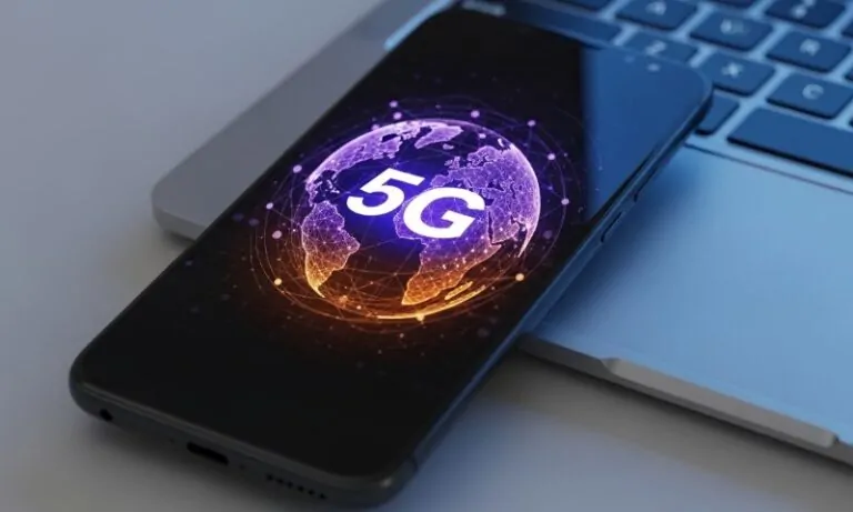 Smartphone displaying a glowing purple globe with "5G" text, resting on a laptop