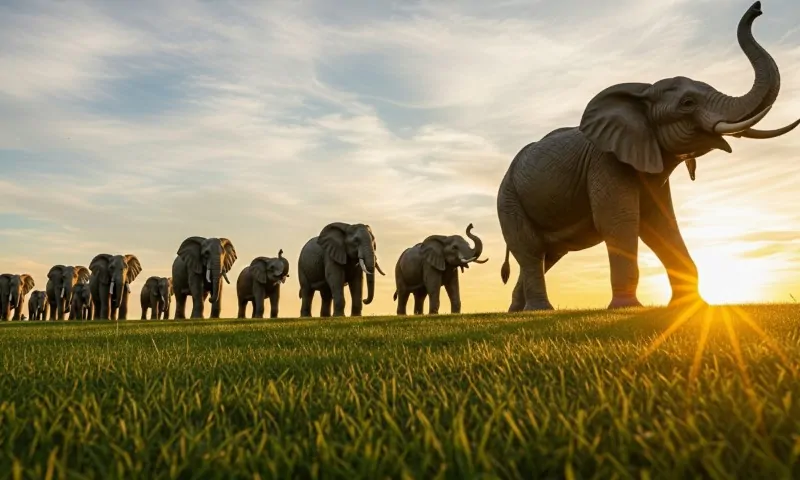 A line of elephants walks across a sunlit grassland at sunset, creating a serene and majestic scene