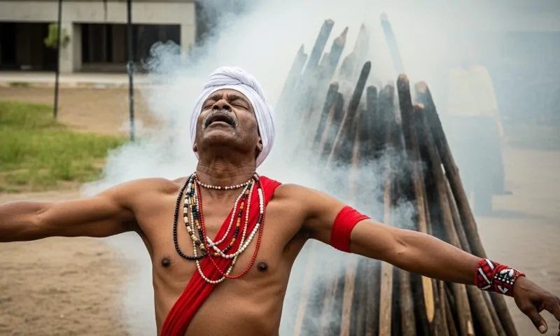 A man with outstretched arms and eyes closed stands before a smoldering stack of wooden logs