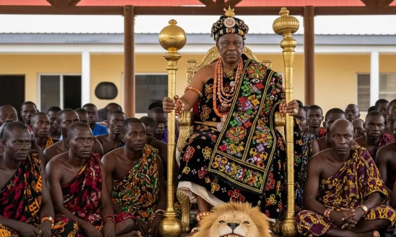 A regal figure in ornate traditional attire sits on a golden throne, surrounded by men in colorful robes