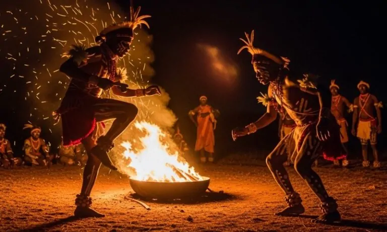 Dancers in traditional attire with body paint perform energetically around a crackling fire at night