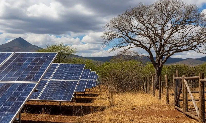 Rows of solar panels in a dry landscape with a bare tree, distant mountains, and cloudy sky
