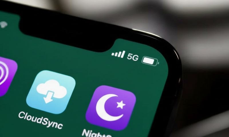Close-up of a smartphone screen showing app icons, including CloudSync and Night. The device is connected to 5G
