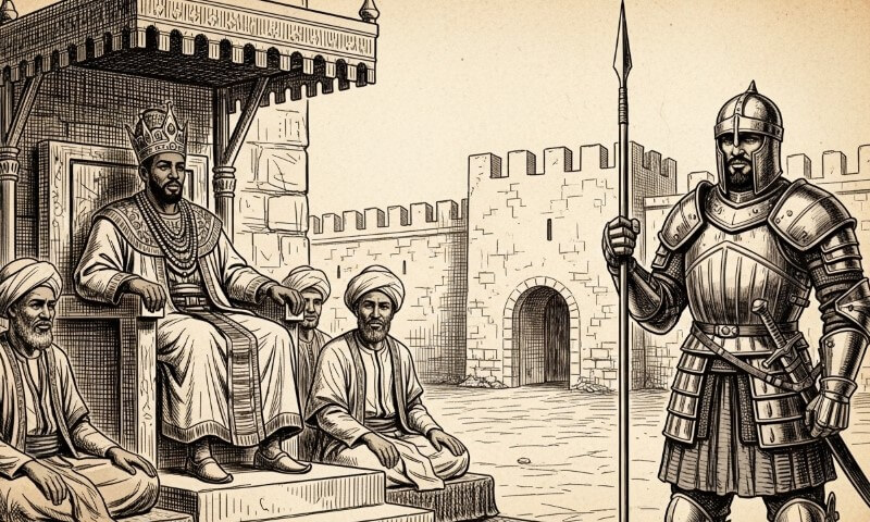 Medieval scene: A king on a throne, wearing a crown and robe, is surrounded by three advisors in traditional attire and a knight