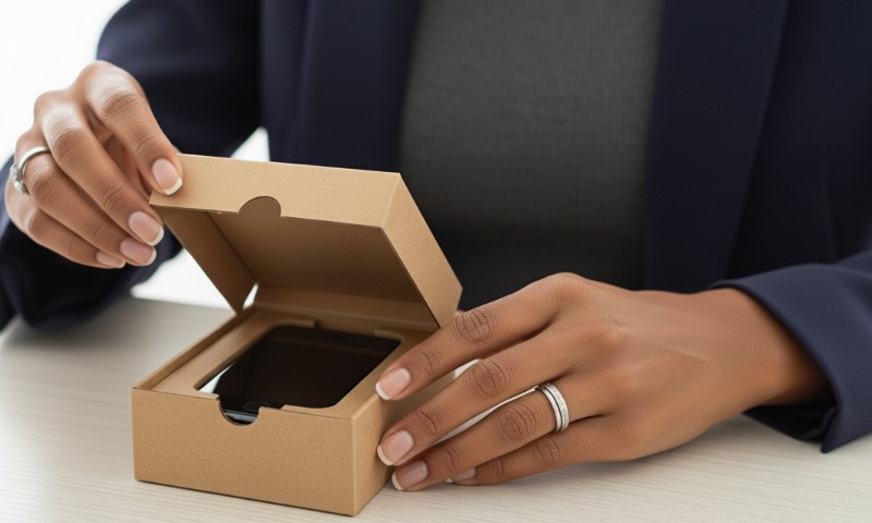 Hands with manicured nails and a ring open a brown box to reveal a smartphone inside, set on a light table