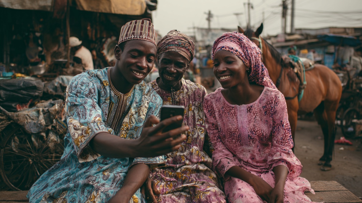 Three people in colorful traditional clothing sitting together outdoors, smiling while looking at a smartphone
