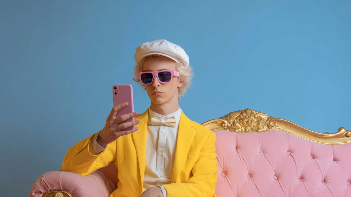 Person in a bright yellow suit and pink sunglasses sitting on a pink couch while looking at a smartphone