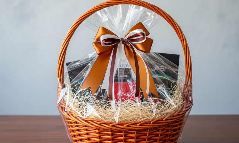 A wicker gift basket wrapped in clear plastic, adorned with a large brown satin bow