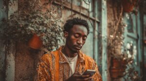 A young man standing outdoors by a rustic wall with plants, looking down at his phone