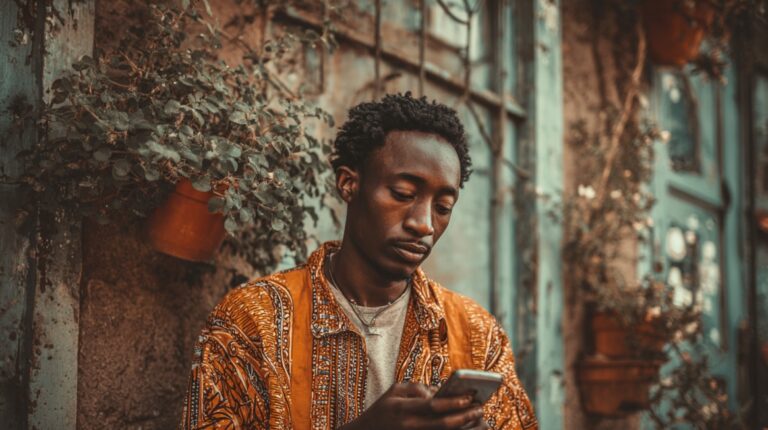 A young man standing outdoors by a rustic wall with plants, looking down at his phone