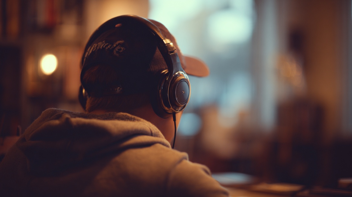 Person wearing headphones and a cap, sitting indoors with warm lighting, listening to audio