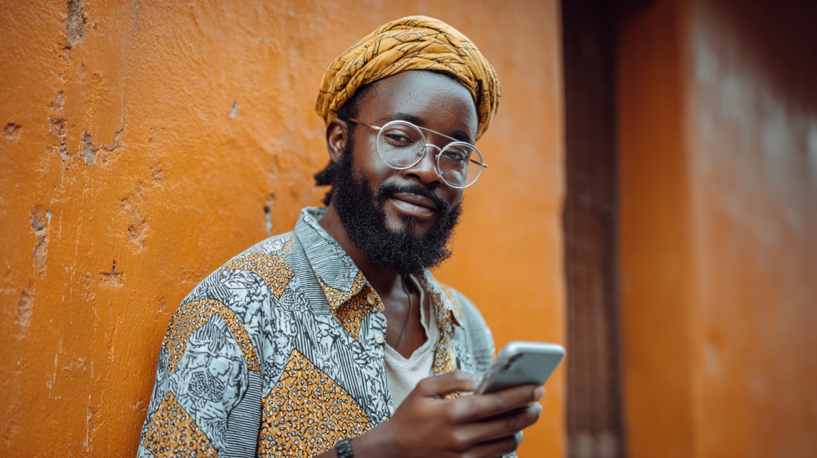 Man wearing glasses and a patterned headwrap standing by an orange wall while holding a smartphone
