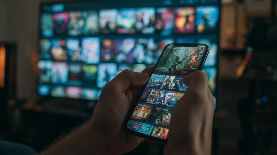 Hands holding a smartphone displaying streaming content with a TV screen full of shows in the background