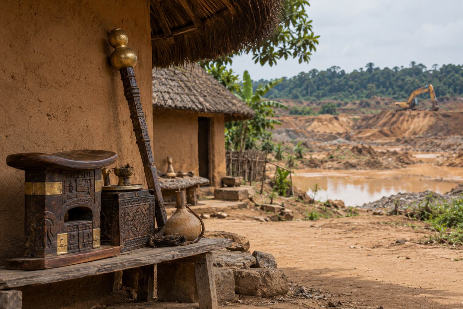 Traditional Ghanaian cultural objects outside a rural home overlooking a gold mining site.