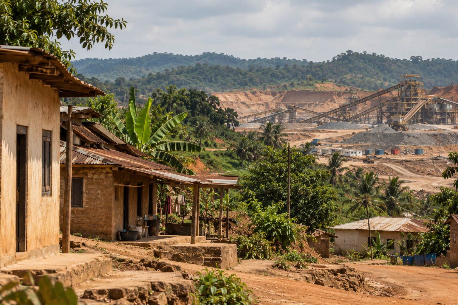 Rural Ghanaian homes overlooking a large gold mining operation with industrial processing equipment.