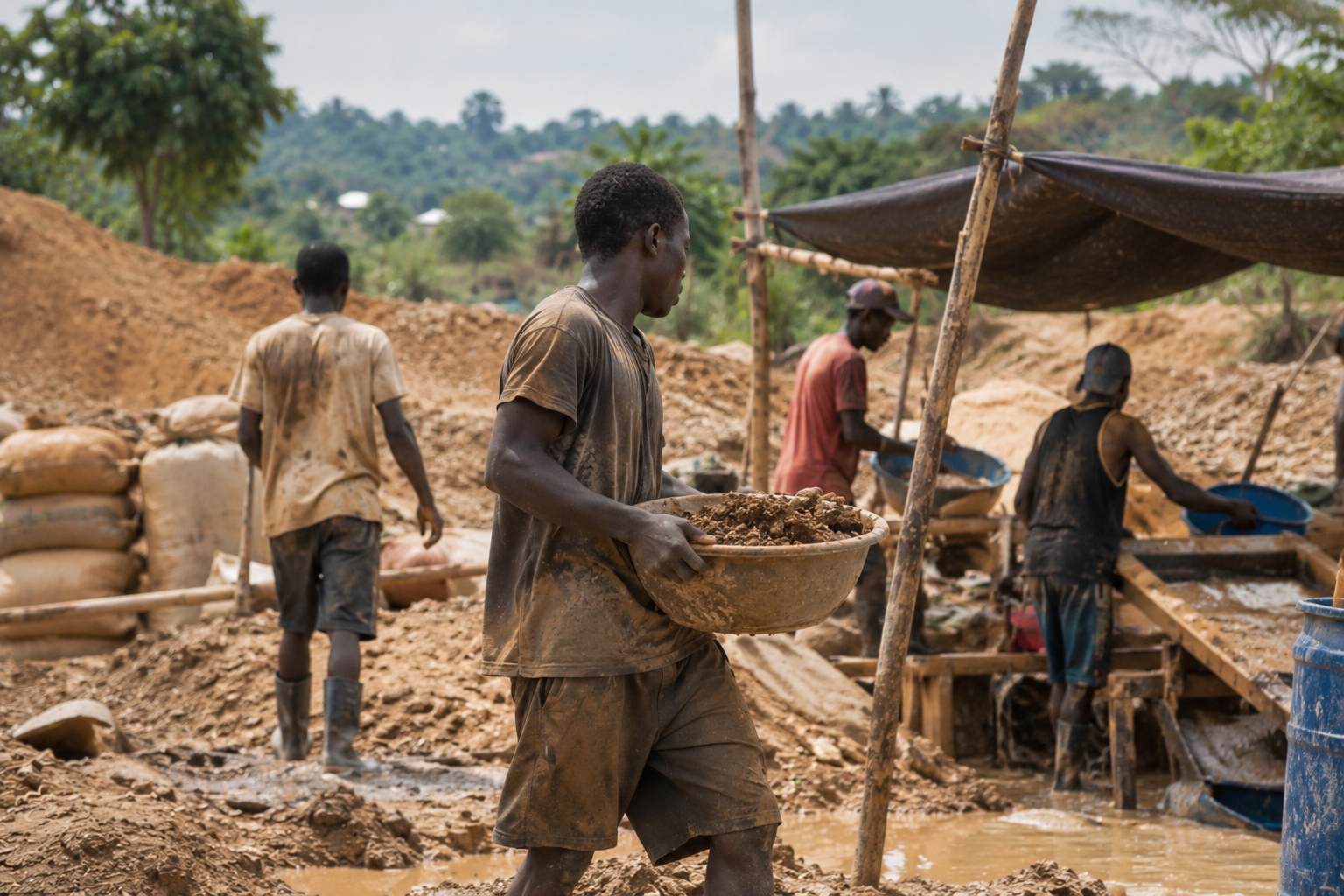 Young Ghanaian gold miners carrying soil and processing materials at a small-scale mining site.