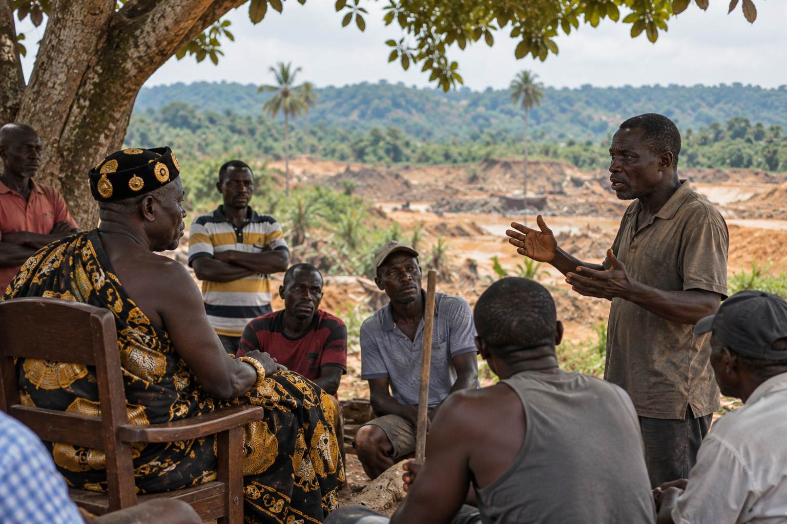 Traditional Ghanaian leader discussing land disputes with local villagers near a gold mining area.